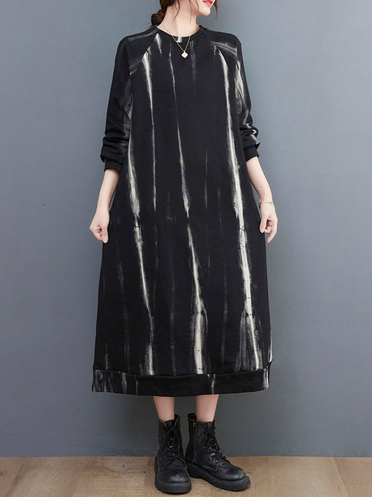 Loose Print Round Neck Long Sleeve Midi Dress