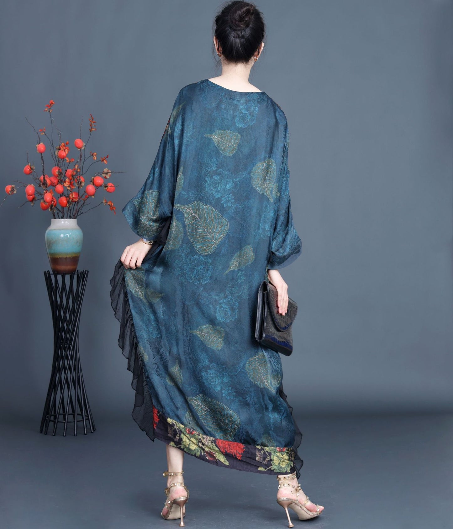Vintage Jacquard Splicing Bat Sleeve V-Neck Maxi Dress