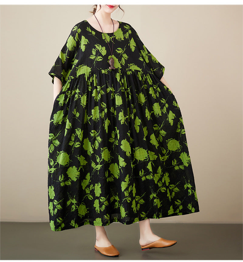 Bohemian Print Short Sleeve Round Neck Midi Dress