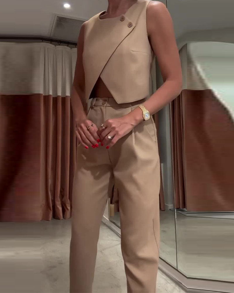 Solid Crewneck Top & Pants Two-Piece Set