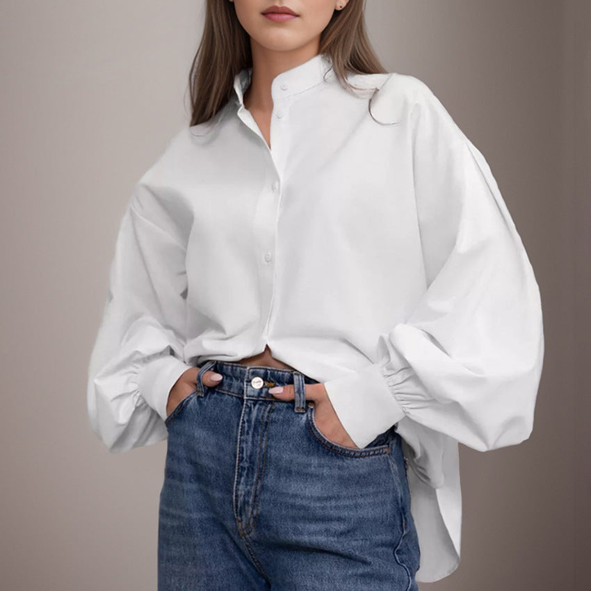 Minimalist Solid Color Lantern Sleeve Lapel Shirt