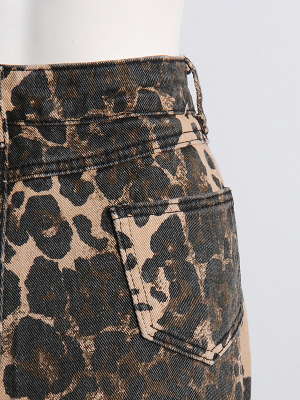 High Waisted Loose Leopard Printed Ripped Split-Joint Jean Pants Bottoms