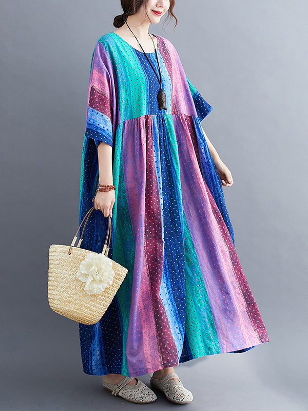 Special Colorful Splicing Round Neck Midi Dress