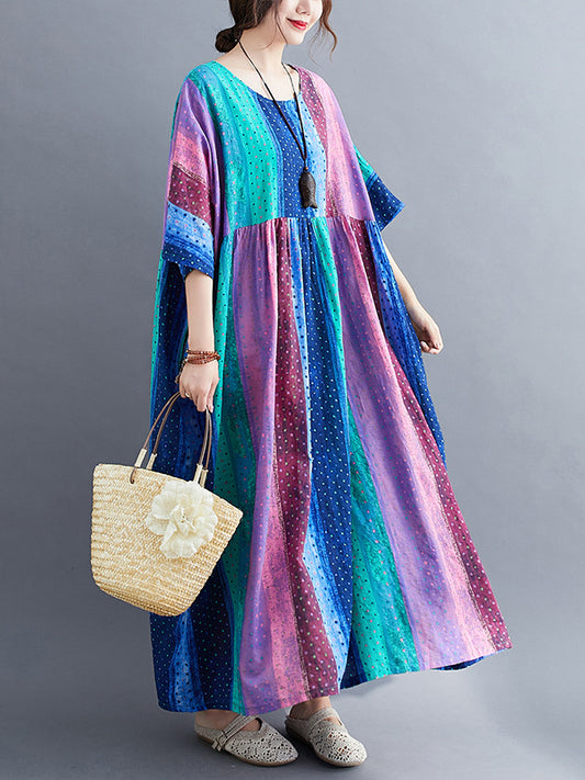 Special Colorful Splicing Round Neck Midi Dress