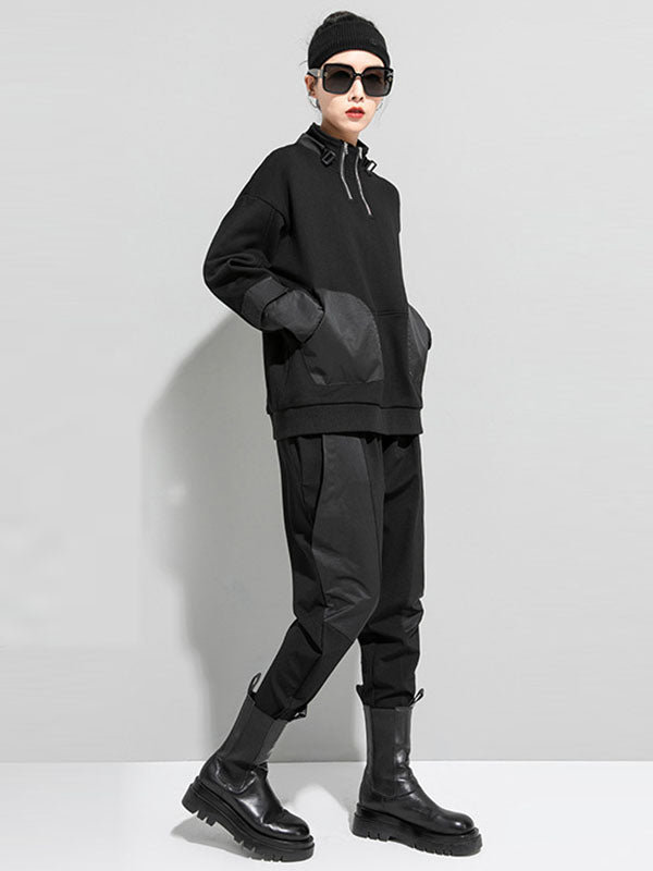 Casual Long Sleeves Loose Solid Color Zipper High-Neck Sweatshirt Tops