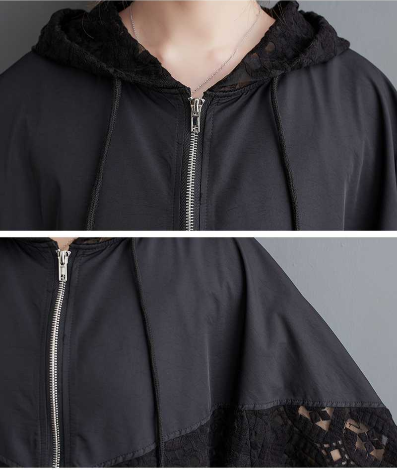 Casual Spliced Hollow Lace Hooded Trench Coat