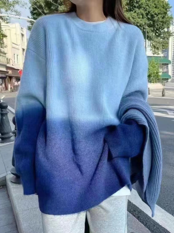 Literary Gradient Color Round Neck Knit Sweater