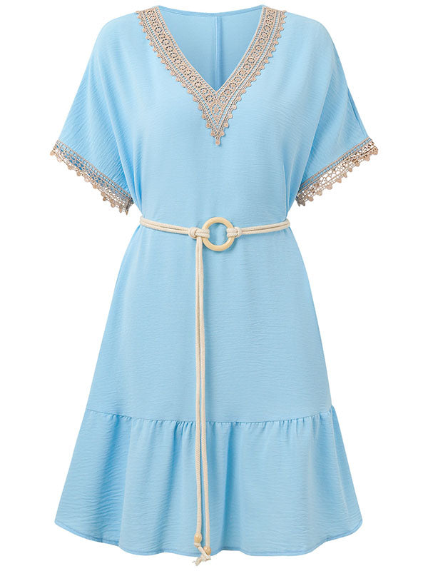 Short Sleeves Belted Split-Joint V-neck Mini Dresses