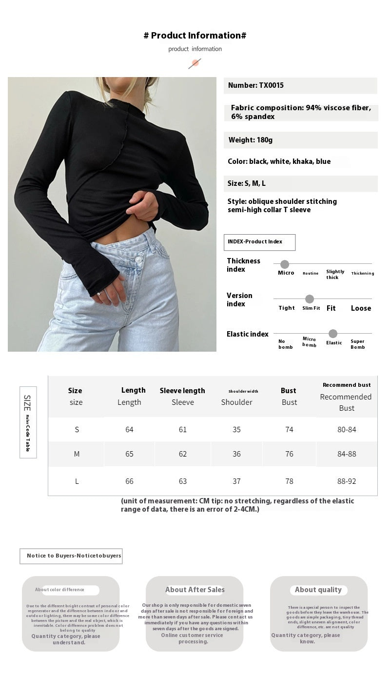 Half turtleneck bottoming shirt spring and autumn bevel design slim fit inner wear long sleeve pullover T-shirt