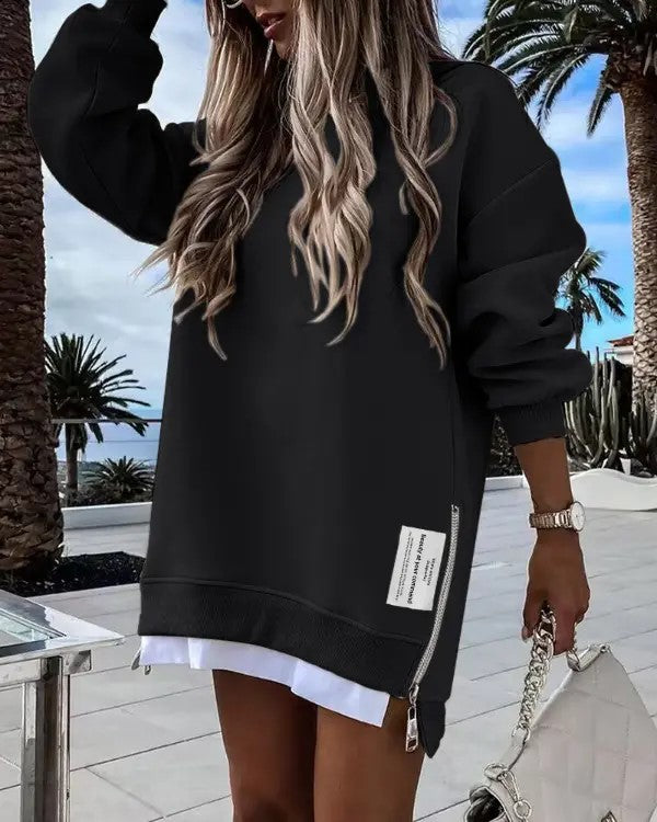 Oversized Zippered Side Slit Ribbed Sweatshirt Dress【Buy Two Free Shipping】