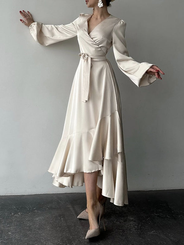 Loose Puff Sleeves Asymmetric Pleated Solid Color Split-Joint Tied Waist V-Neck Maxi Dresses Shirt Dress
