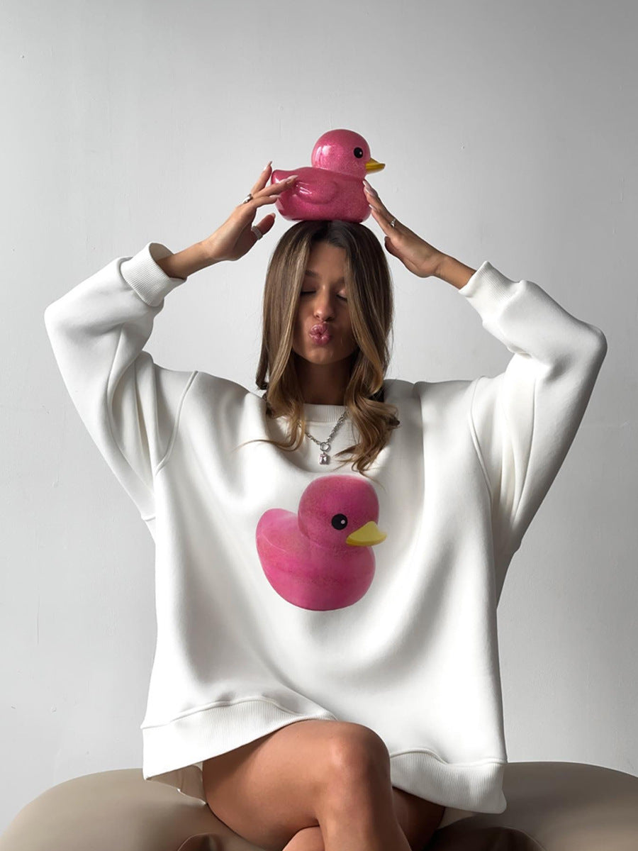 Duck pattern round neck sweater women's simple casual loose printed sweater
