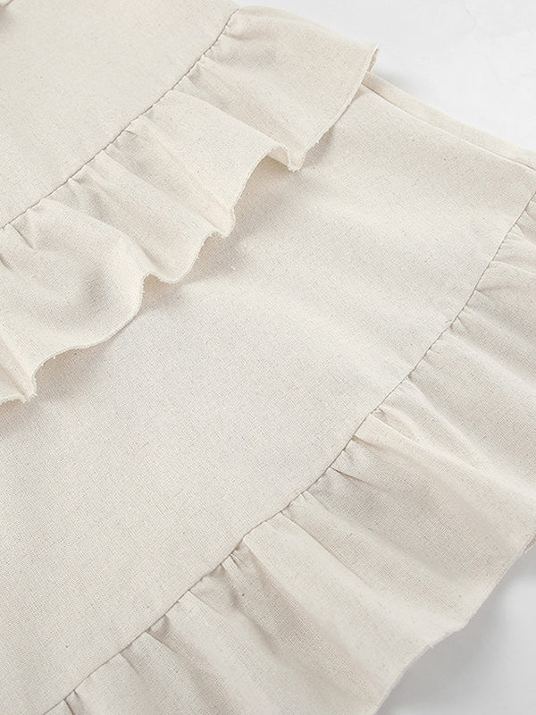 A-line Loose Ruffle Trim Solid Color Tied Zipper Spaghetti-Neck Mini Dresses