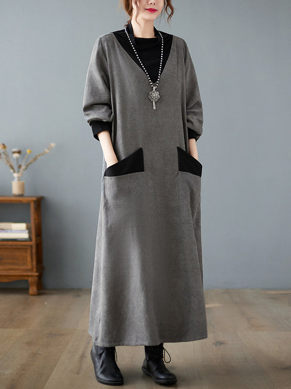 Literary Splicing Knit High Collar Midi Dress