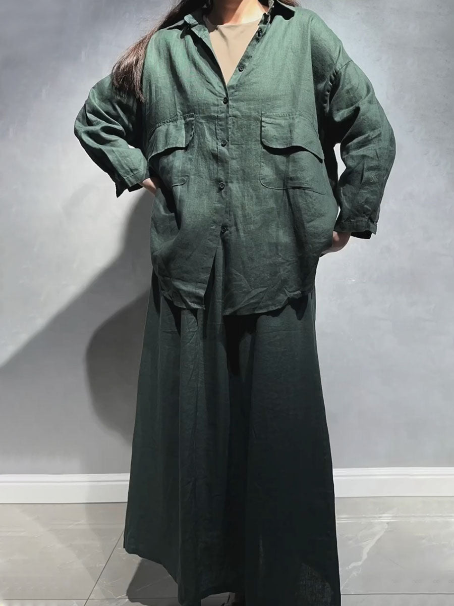 Double pocket cotton and linen casual two-piece set