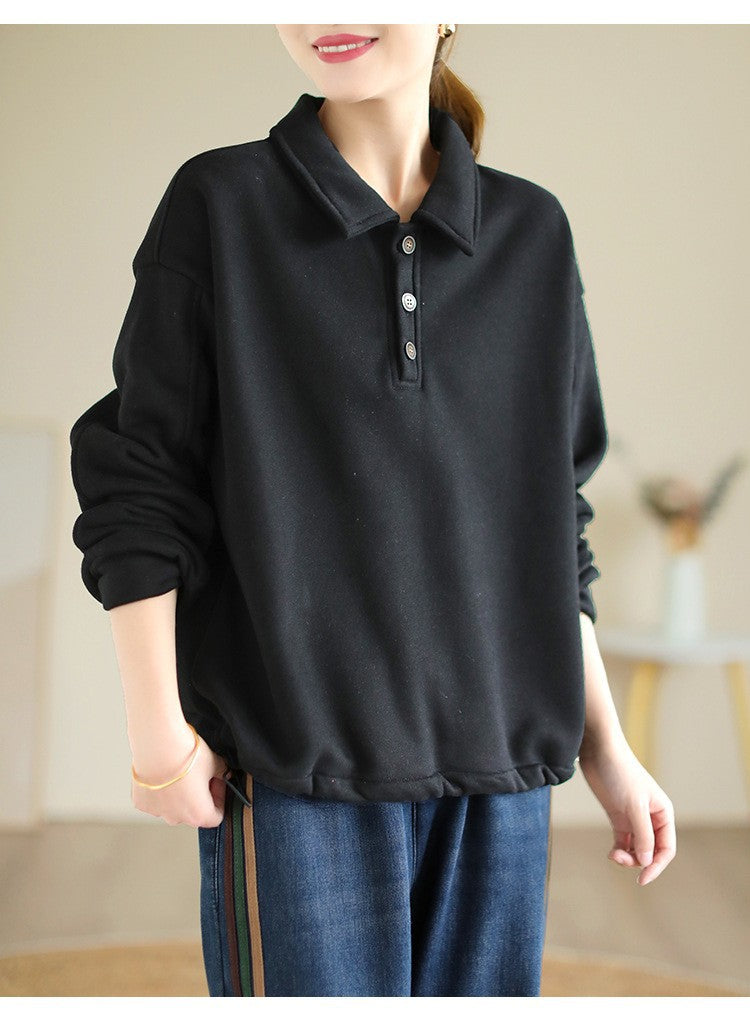 Literary Solid Color Cotton Long Sleeve Sweatshirt