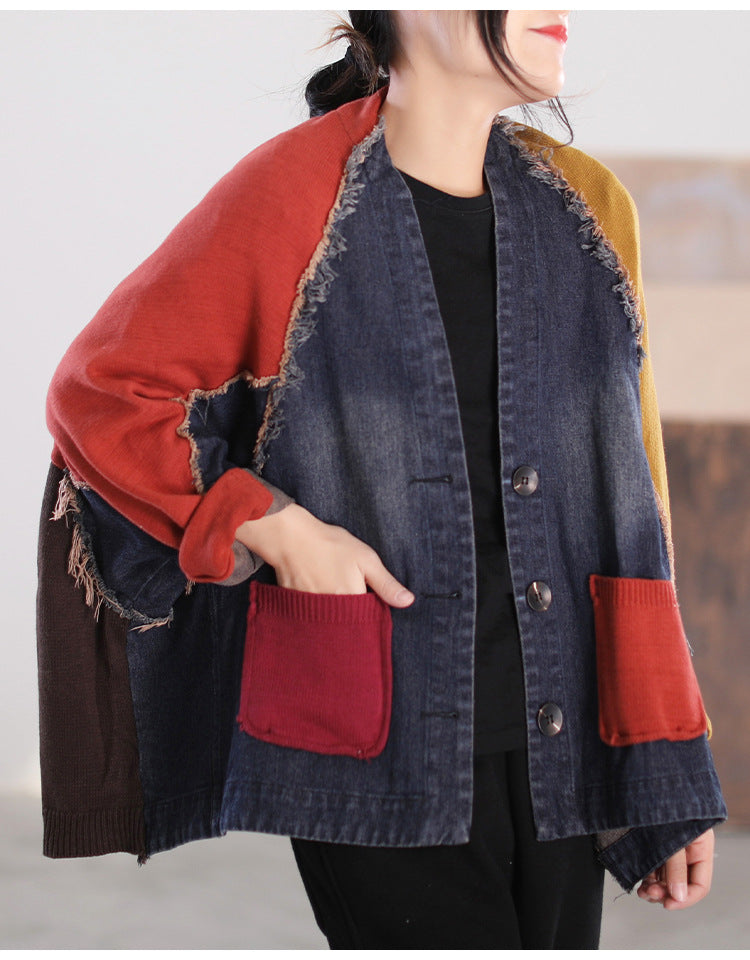 Loose Splicing Long Sleeve Denim Jacket