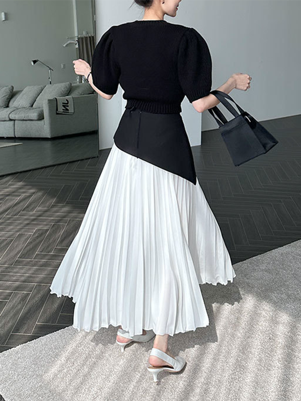 A-Line Loose Contrast Color Pleated Split-Joint Skirts Bottoms