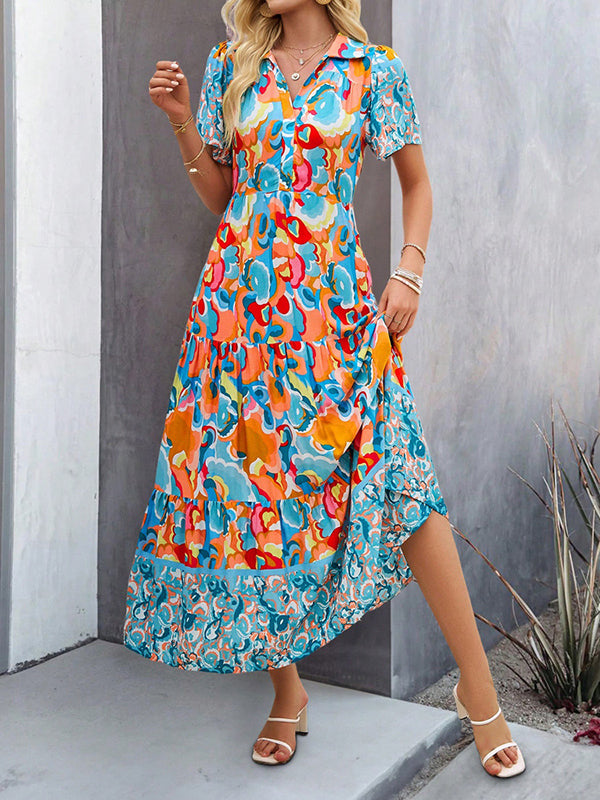 A-Line Half Sleeves Buttoned Contrast Color Printed Lapel Maxi Dresses