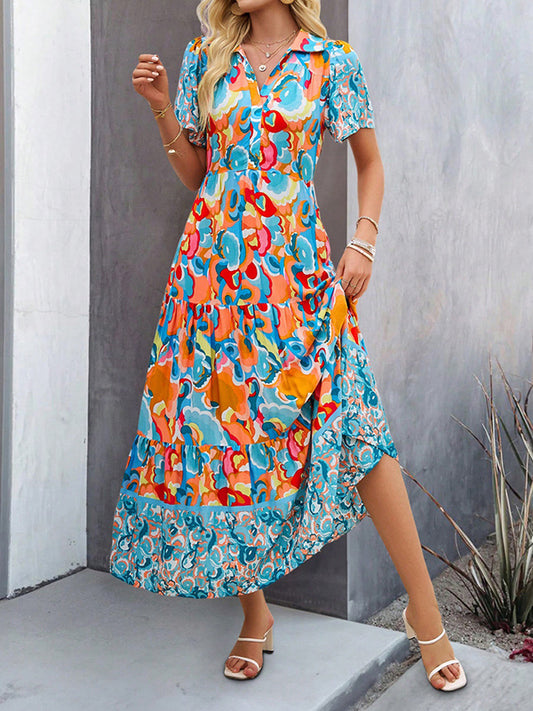 A-Line Half Sleeves Buttoned Contrast Color Printed Lapel Maxi Dresses