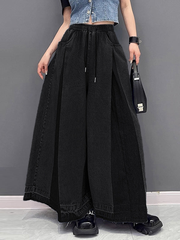 Loose Wide Leg Contrast Color Drawstring Fringed Pockets Jean Pants Bottoms