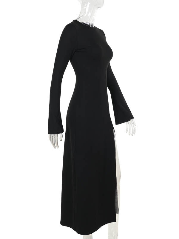 Long Sleeves Loose Asymmetric Solid Color Split-Joint Split-Side Round-Neck Maxi Dresses