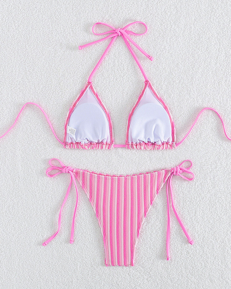 Hanging Neck Lace-up Striped Bikini