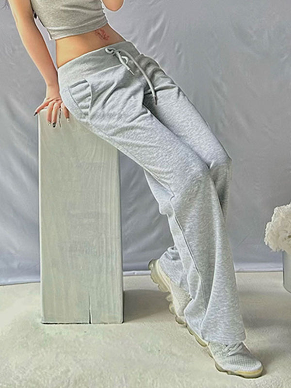 Flared Pants Loose Drawstring Pockets Solid Color Pants Trousers