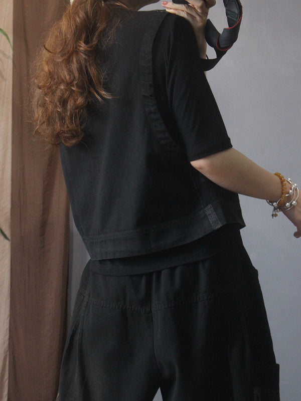 Vintage Plaid Letter Print Jean Pants Bottoms Vest Top Two Pieces Set