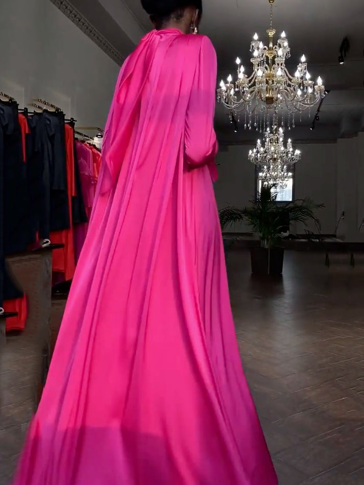 Flared Sleeves Long Sleeves Solid Color High-Neck Maxi Dresses