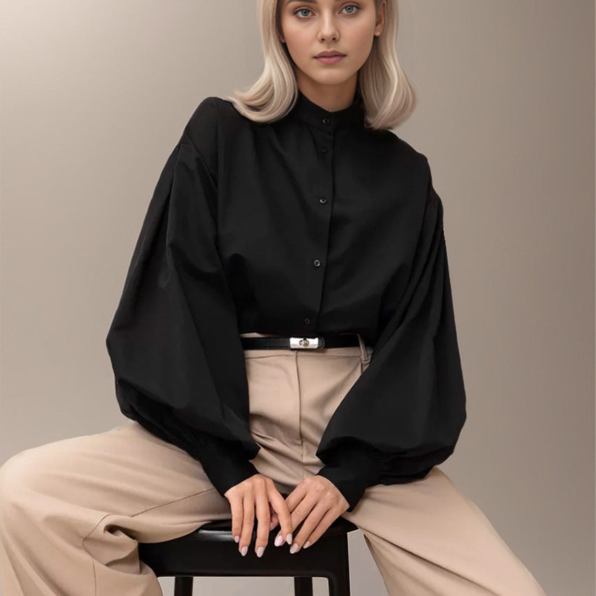 Minimalist Solid Color Lantern Sleeve Lapel Shirt