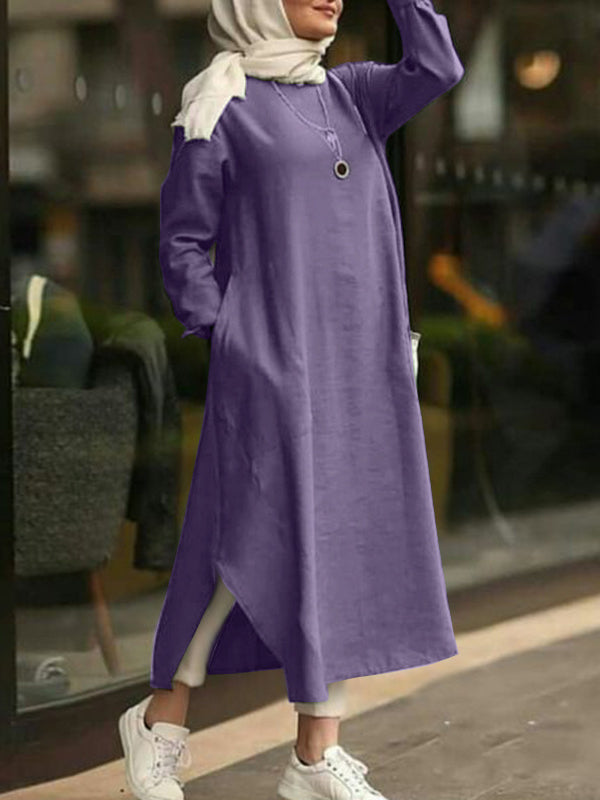 Simple Solid Color Long Sleeve Round Neck Midi Dress