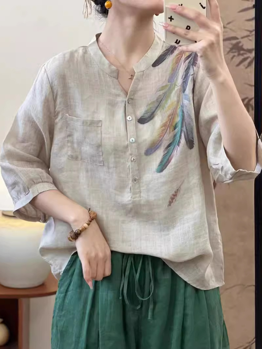 Literary Feather Print Ramie Shirt