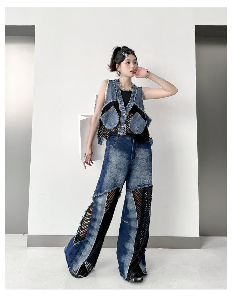 Vintage Mesh Splicing Denim Vest