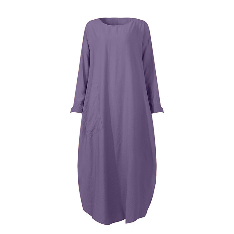 Simple Solid Color Long Sleeve Round Neck Midi Dress