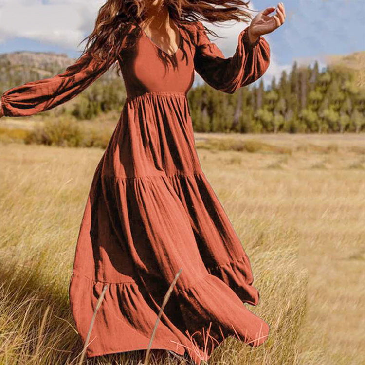 Simple Solid Color V-neck Long Sleeve Maxi Dress