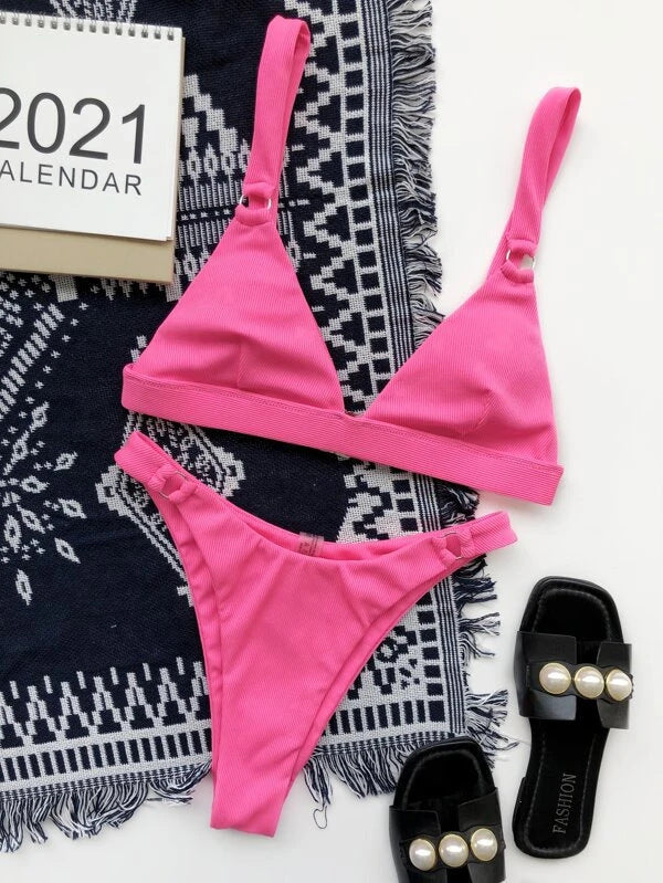 Solid Color Split High Waist Bikini Swimsuit