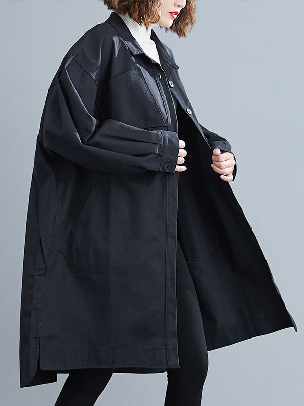 Literary Solid Color Lapel Long Sleeve Trench Coat