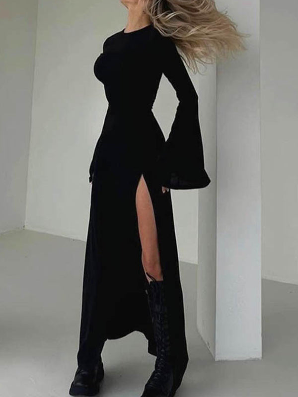 Long Sleeves Loose Asymmetric Solid Color Split-Joint Split-Side Round-Neck Maxi Dresses