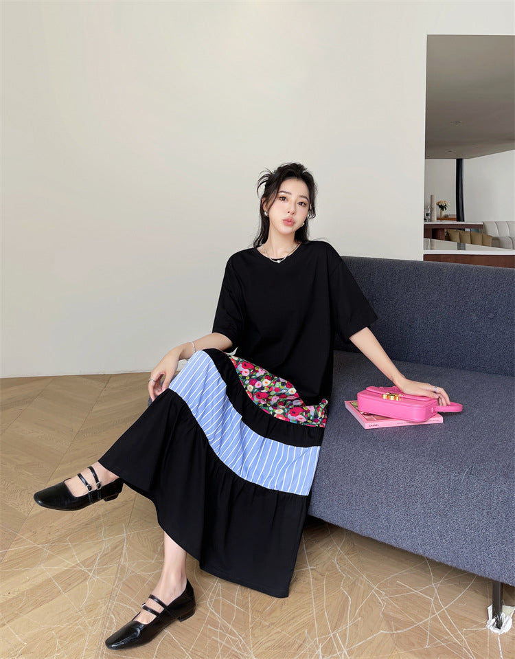 Literary Colorblocking Short Sleeve Midi Dress