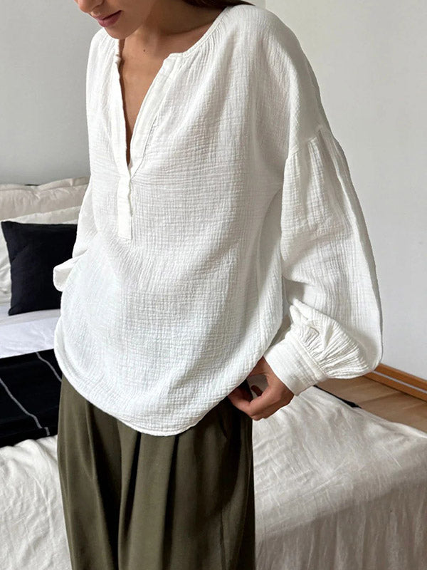 Loose Puff Sleeves Pleated Solid Color Split-Joint V-Neck Blouses&Shirts Tops