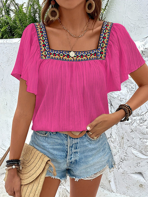 High-Low Loose Embroidered Pleated Square-Neck T-Shirts Tops