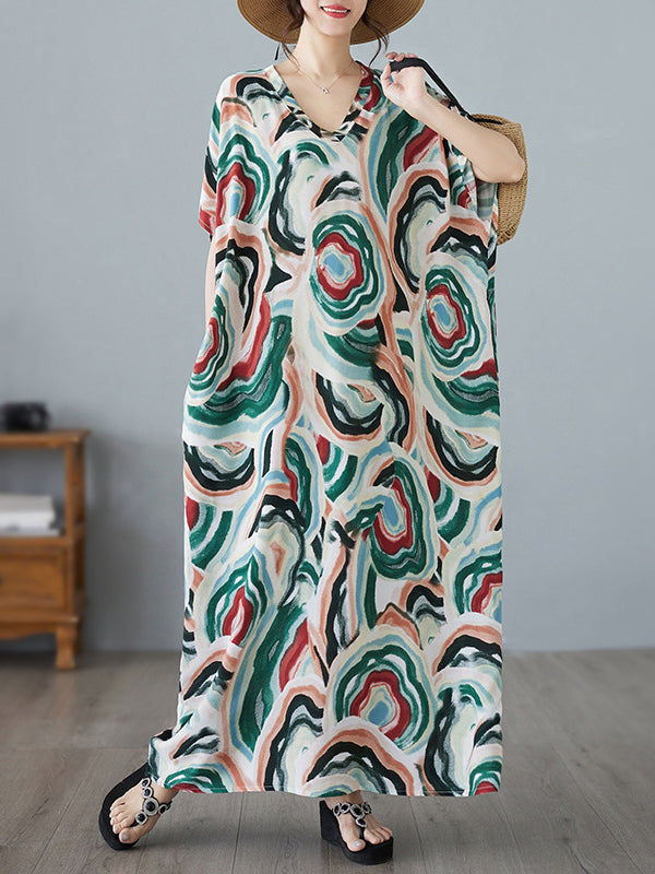 Vintage V-Neck Holiday Style Loose Printed Dress