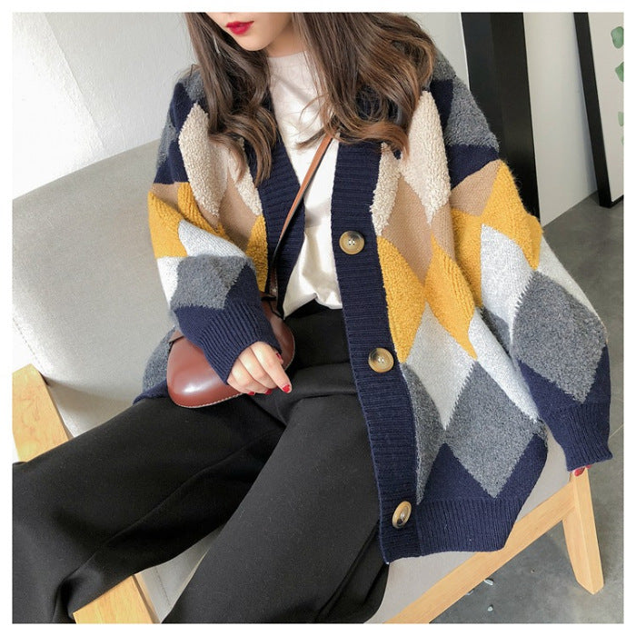 Literary Rhombus Plaid Sweater Outerwear