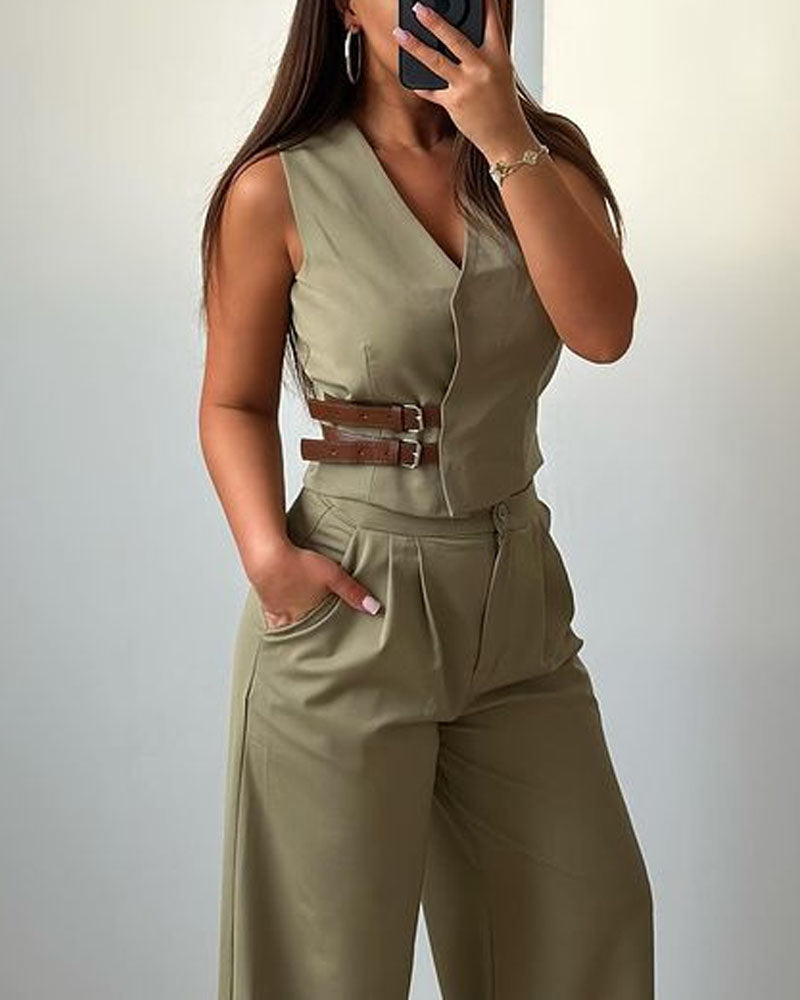 Fashion V-Neck Vest & Pants Two-Piece Set