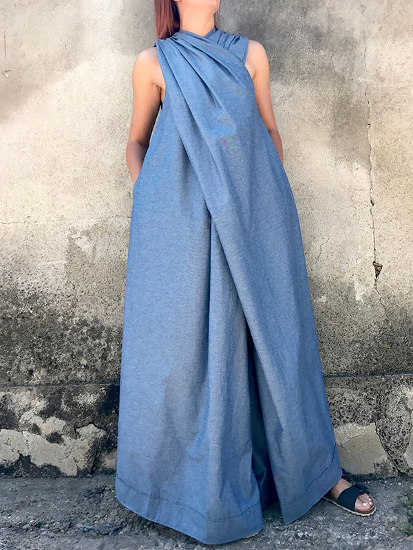 Loose Sleeveless Solid Color Split-Joint V-Neck Jumpsuits