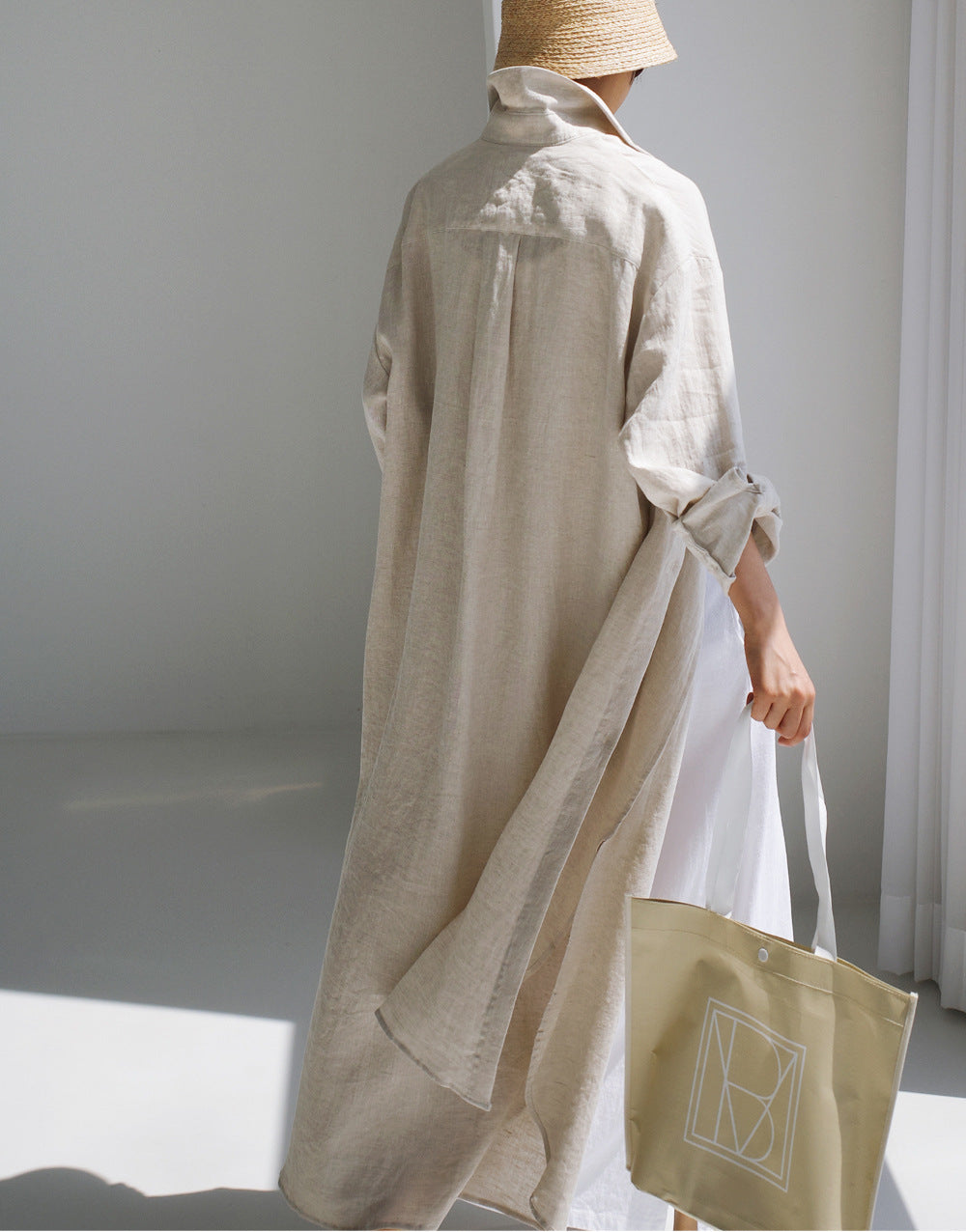 Simple Cotton Linen Long Sleeve Midi Dress