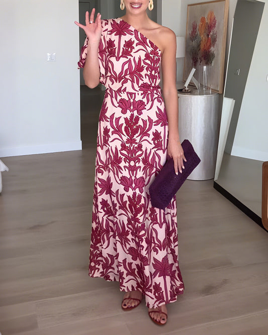 Sexy Shoulder Collar Printed Dress