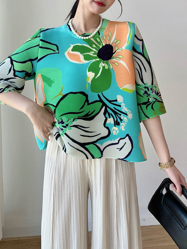 A-Line Half Sleeves Flower Print Pleated Round-Neck T-Shirts Tops