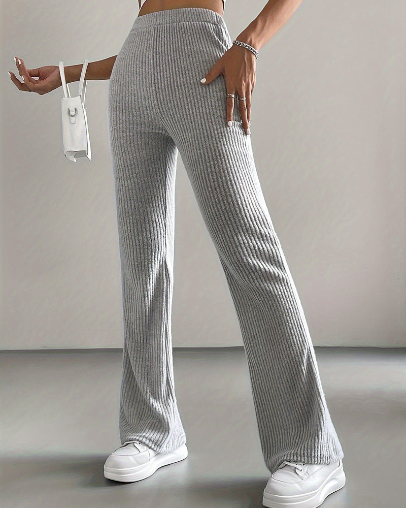 Solid Color Rib Knit Slim-Fit Trousers